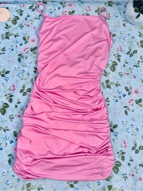 Revamped Pink Ruched Sexy Spaghetti Strap Mini Dress 👗
